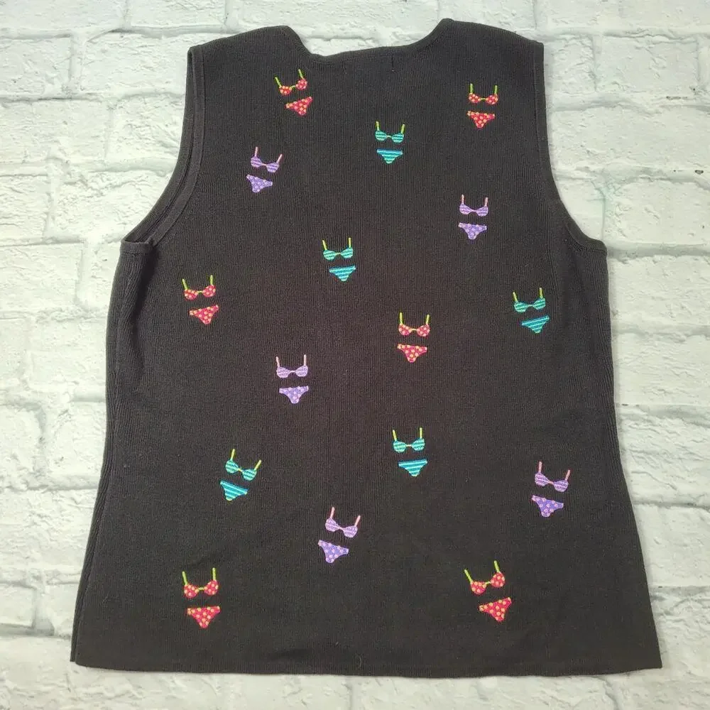 Alexandra Bartlett Black Sleeveless Multicolor Embroidered Bikini Sweater Large